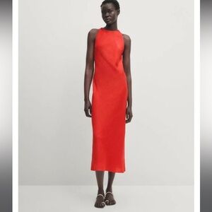 Massimo Dutti Red Linen Halter Neck Dress